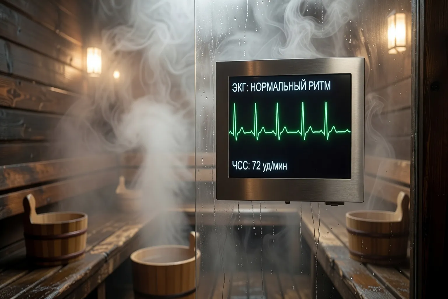 Électrocardiogramme sur écran médical avec banya visible en arrière-plan flou — fusion médecine et thermalisme