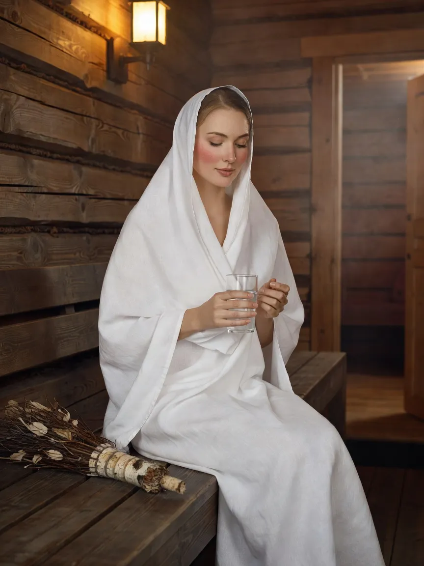 Femme enveloppée dans un drap de lin blanc au repos dans le predbannik d'une banya russe, vérifiant son pouls au poignet, verre d'eau à la main
