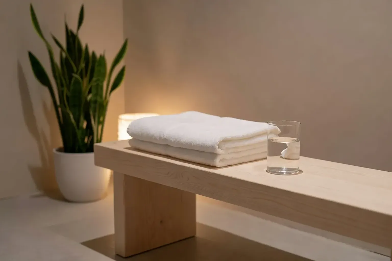 Espace de détente minimaliste après banya : banc en bois, serviette blanche, verre d'eau, plante verte, lumière tamisée