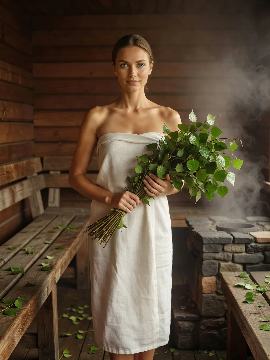 Femme russe enveloppée d'un drap de lin tenant un venik de bouleau dans une parilka en bois, avant le rituel de la banya