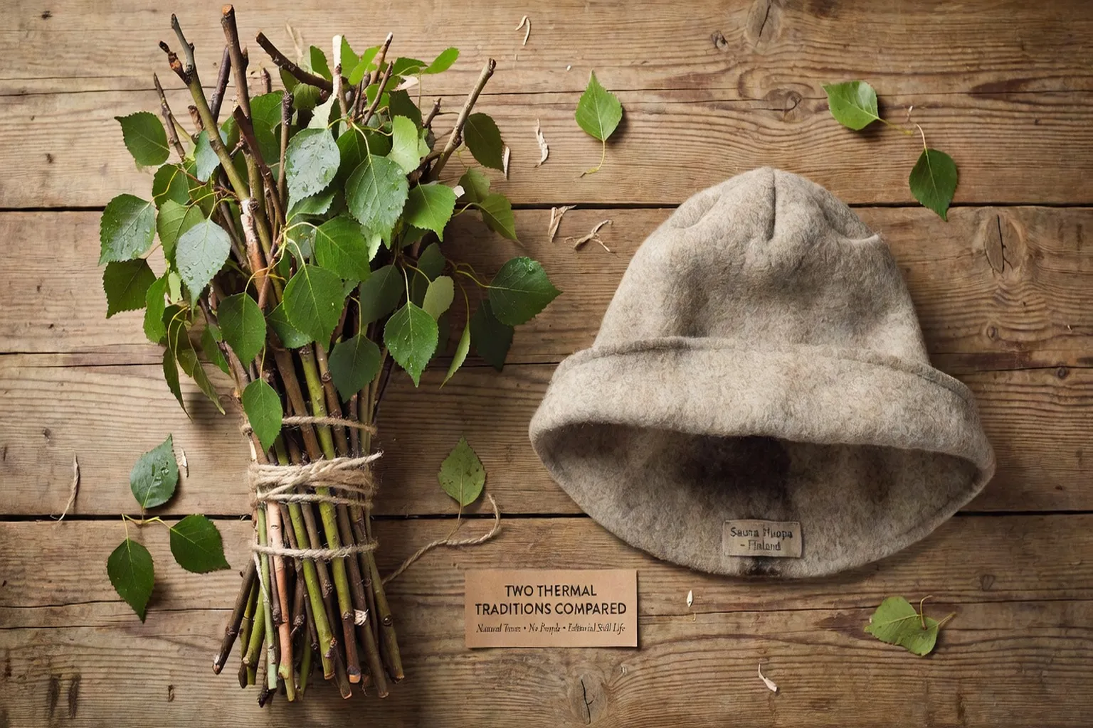 Veniki de bouleau russe et chapeau de sauna finlandais posés sur un banc en bois — deux cultures thermales côte à côte