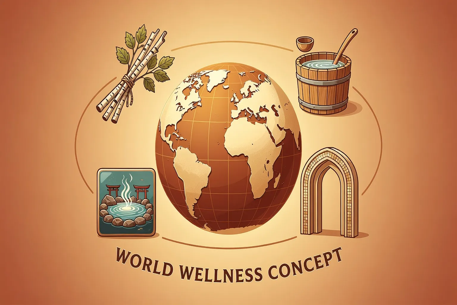 Globe terrestre stylisé avec 4 symboles thermaux autour — banya, sauna, hammam, onsen — style illustratif éditorial