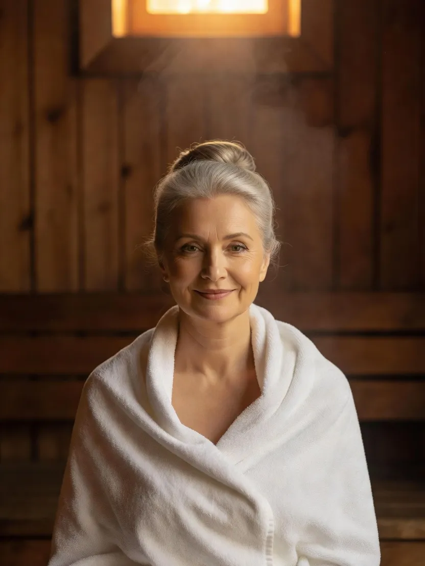 Femme russe senior souriante, cheveux gris relevés, enveloppée d'une serviette blanche dans la lumière chaude d'une banya en bois