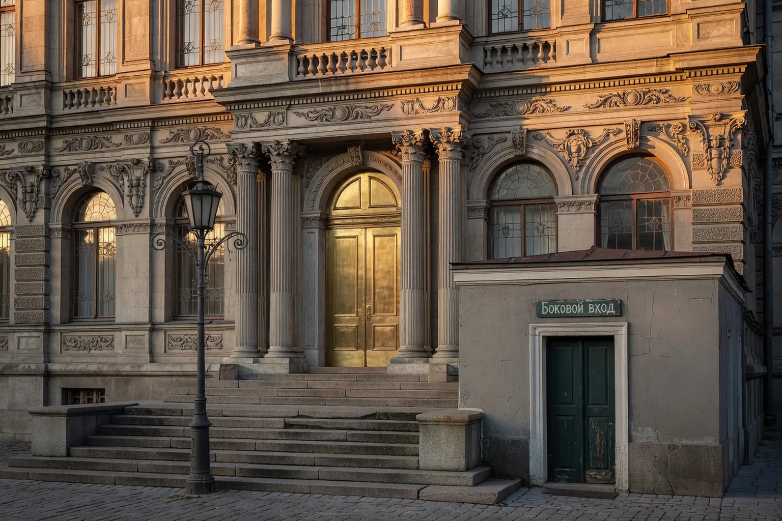 Façade d'un bâtiment de bains publics de style architectural ancien à Moscou, contraste entre ornements XIXe siècle et sobriété soviétique environnante