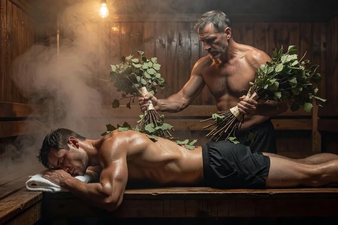 Banc de banya avec serviette enroulée, montre cardiaque et verre d'eau