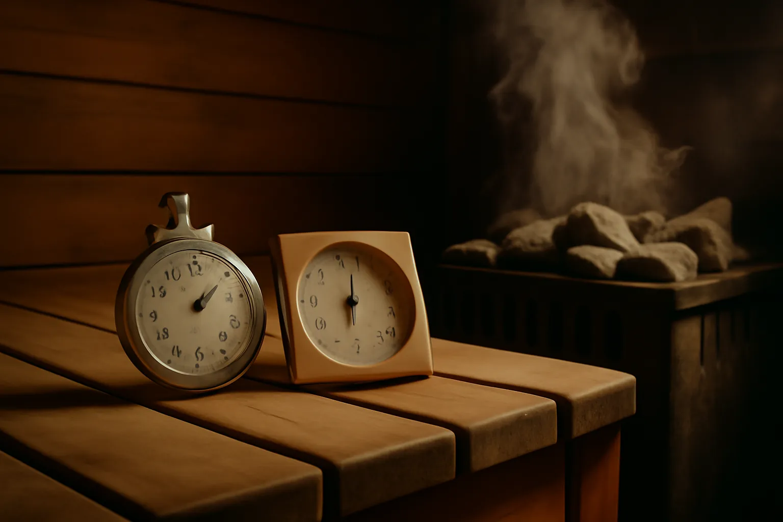 Chronomètre et thermomètre sur un banc de banya, protocole de récupération sportive chronométré