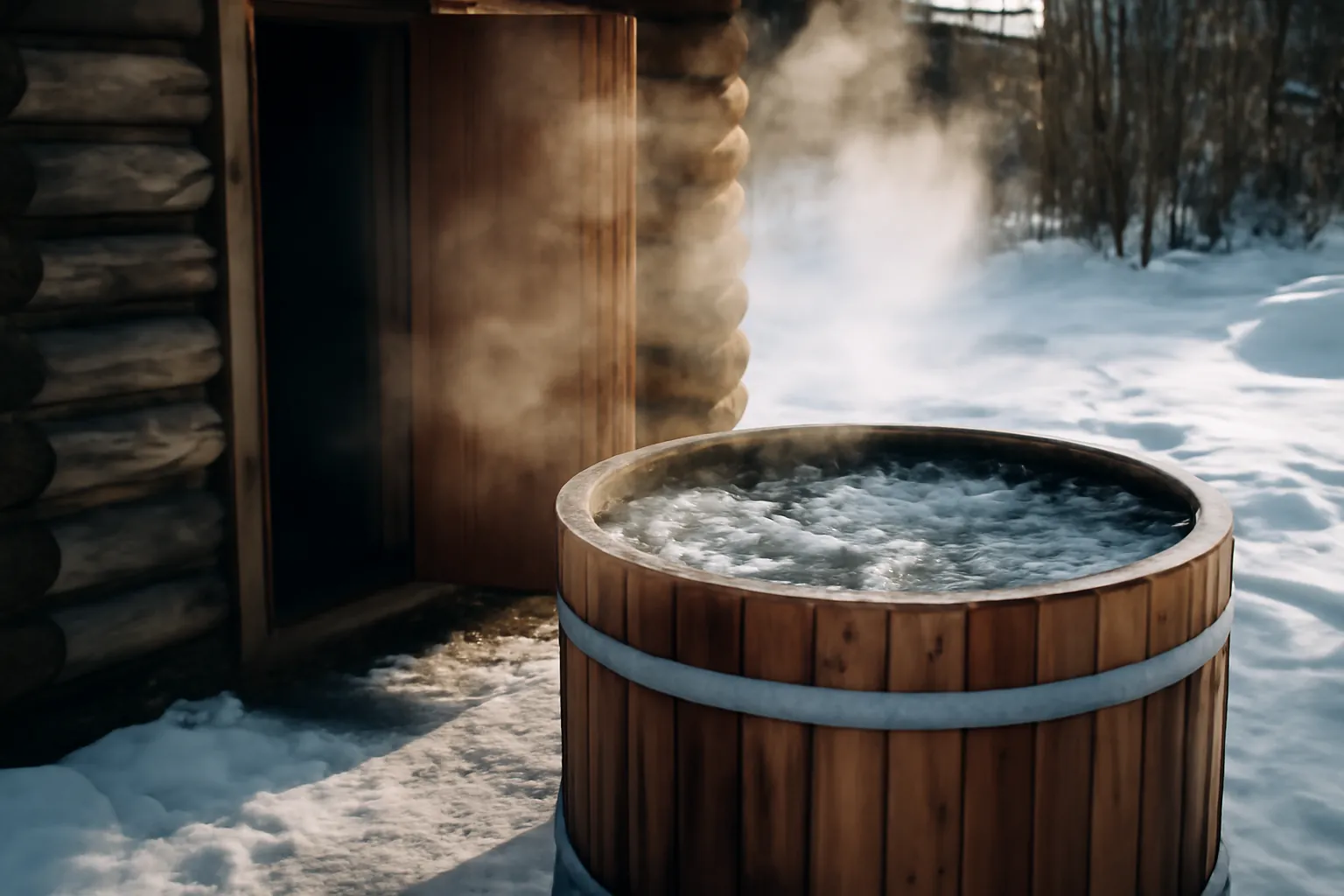 Petit tonneau en bois rempli d'eau glacée en extérieur près d'une banya enneigée, bain froid post-effort