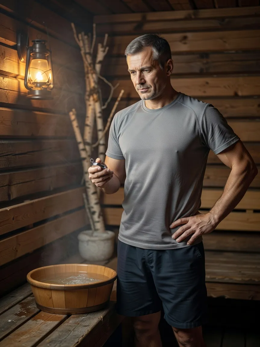 Kinésithérapeute du sport chronométrant une phase de récupération dans une banya en bois, près d'un bassin d'eau froide