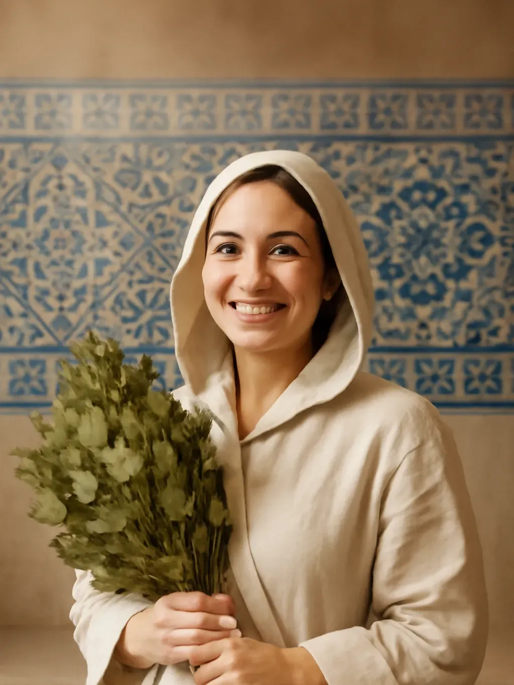 Femme russe adulte au sourire chaleureux tenant un veniki de bouleau dans un intérieur de bania au style tatar, carreaux bleus et ornements géométriques