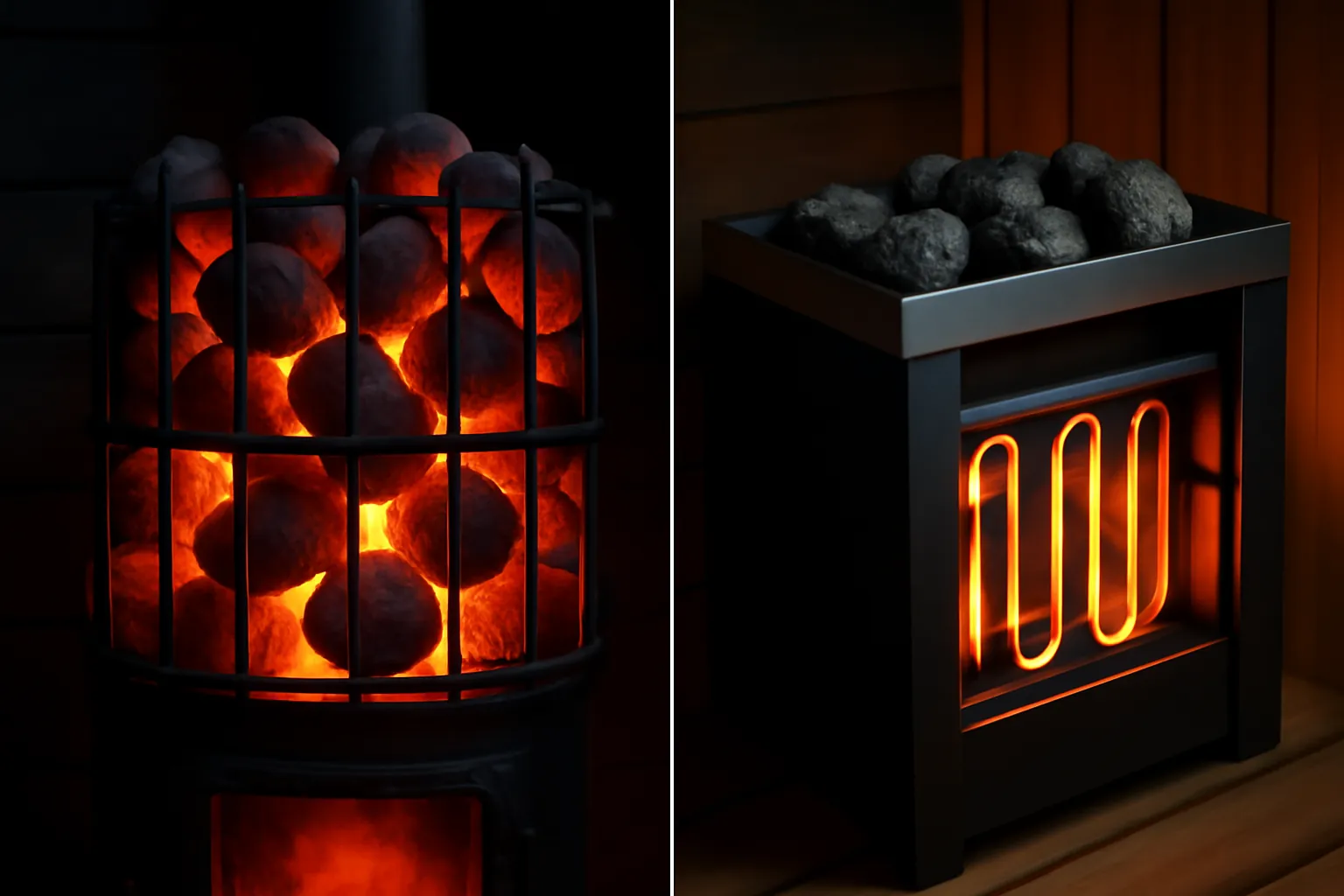 Vue comparative imaginaire montrant trois ambiances thermiques distinctes : vapeur dense humide d'une banya, atmosphère sèche d'un sauna finlandais, brouillard saturé d'un hammam