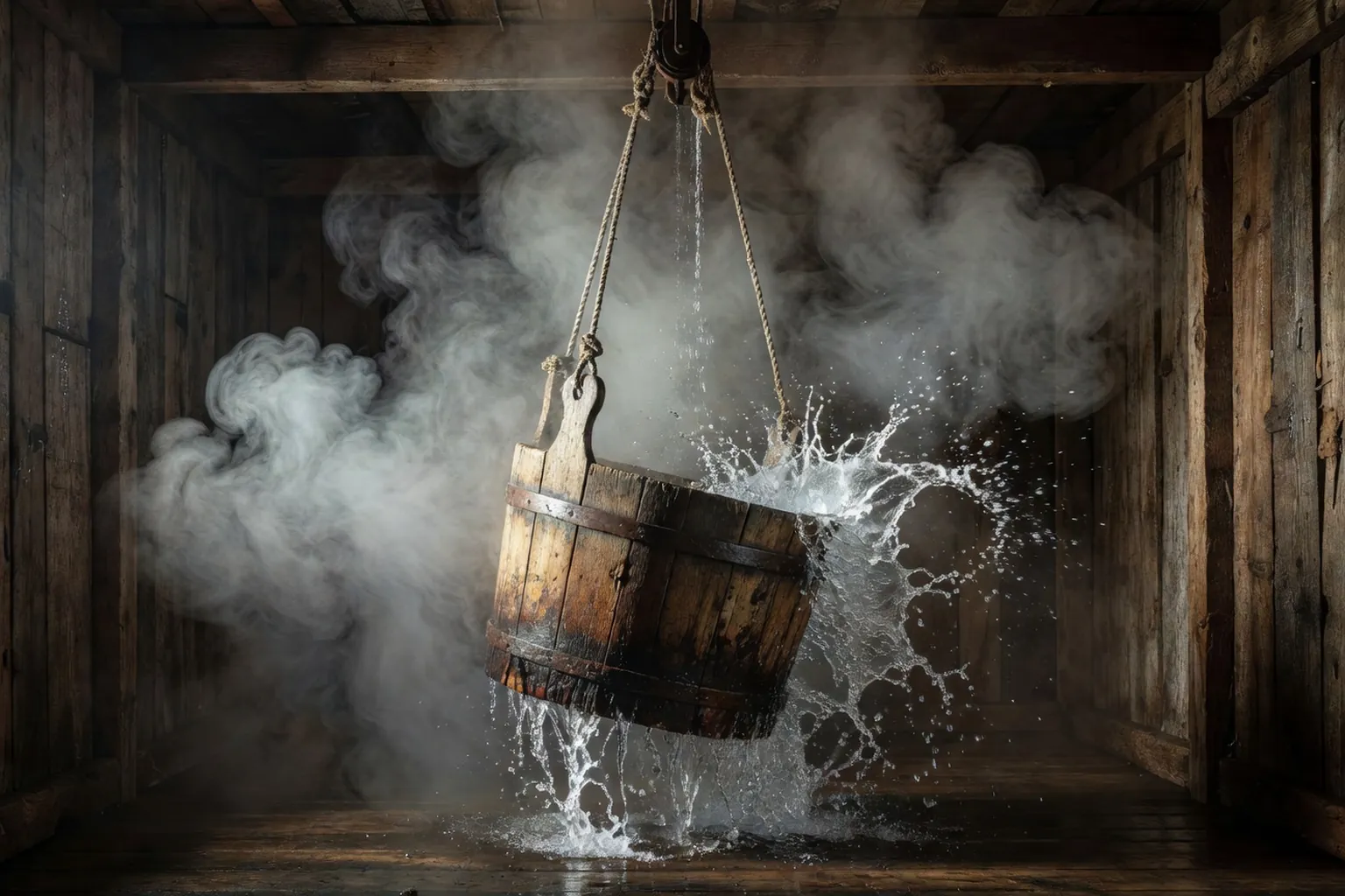 Douche froide en bois ancienne avec seau à bascule et éclaboussure d'eau glacée