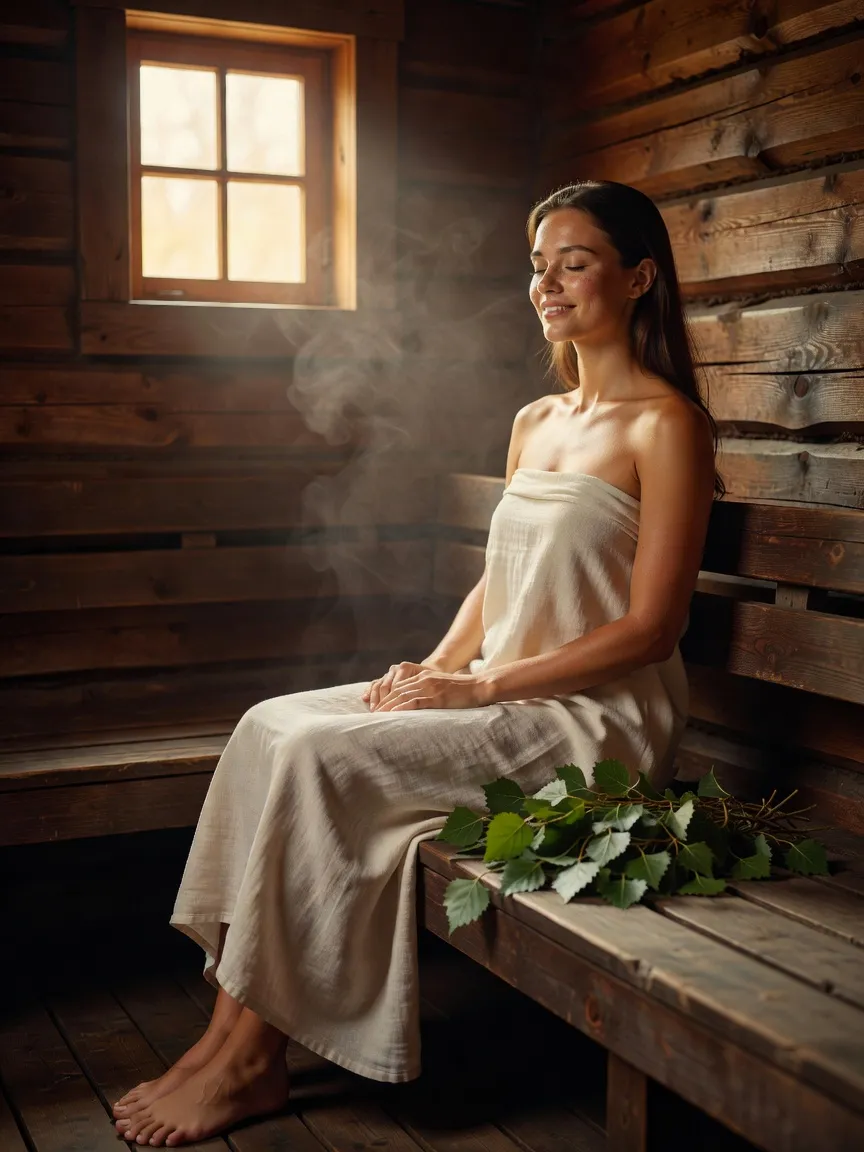 Jeune femme russe détendue enveloppée dans un drap de lin sur un banc de banya en bois, yeux fermés, vapeur légère et bouquet de bouleau