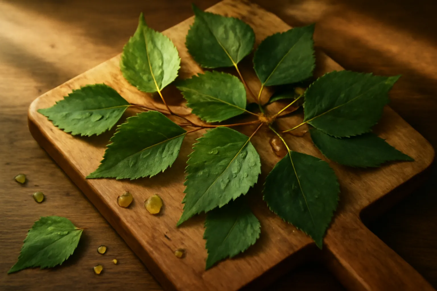 Feuilles de bouleau fraîchement cueillies sur une planche en bois avec gouttelettes d'eau