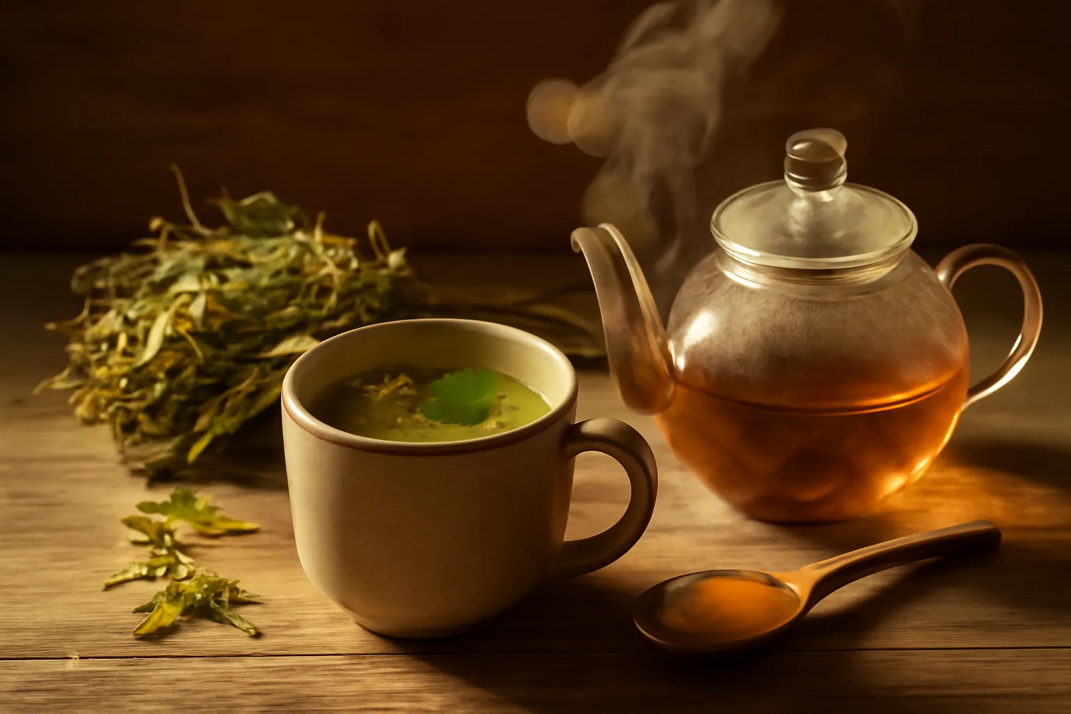 Tasse en céramique de thé aux plantes avec théière fumante et bouquet d'herbes séchées
