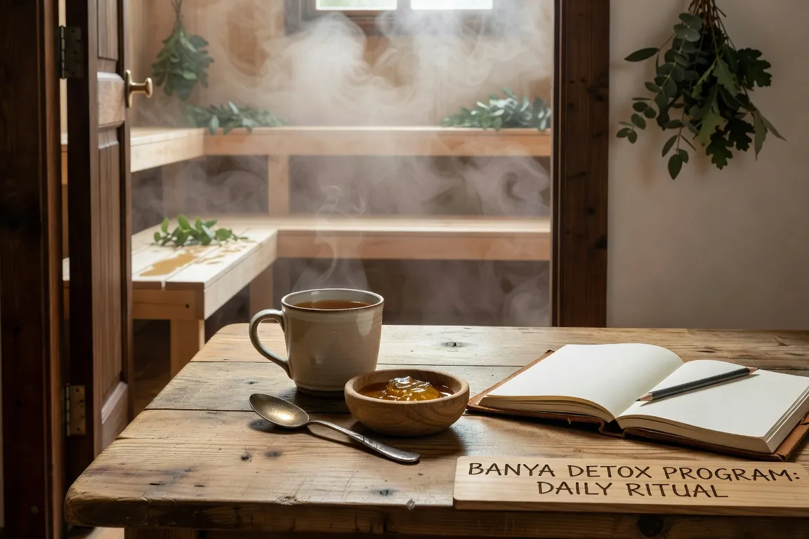 Rangée de bouteilles en verre avec infusions d'herbes slaves, vapeur sortant de la première, étagère de banya