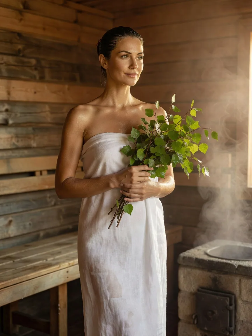 Femme russe enveloppée d'un drap de lin blanc tenant un veniki de bouleau frais dans une banya traditionnelle en bois, vapeur et poêle en pierre en arrière-plan