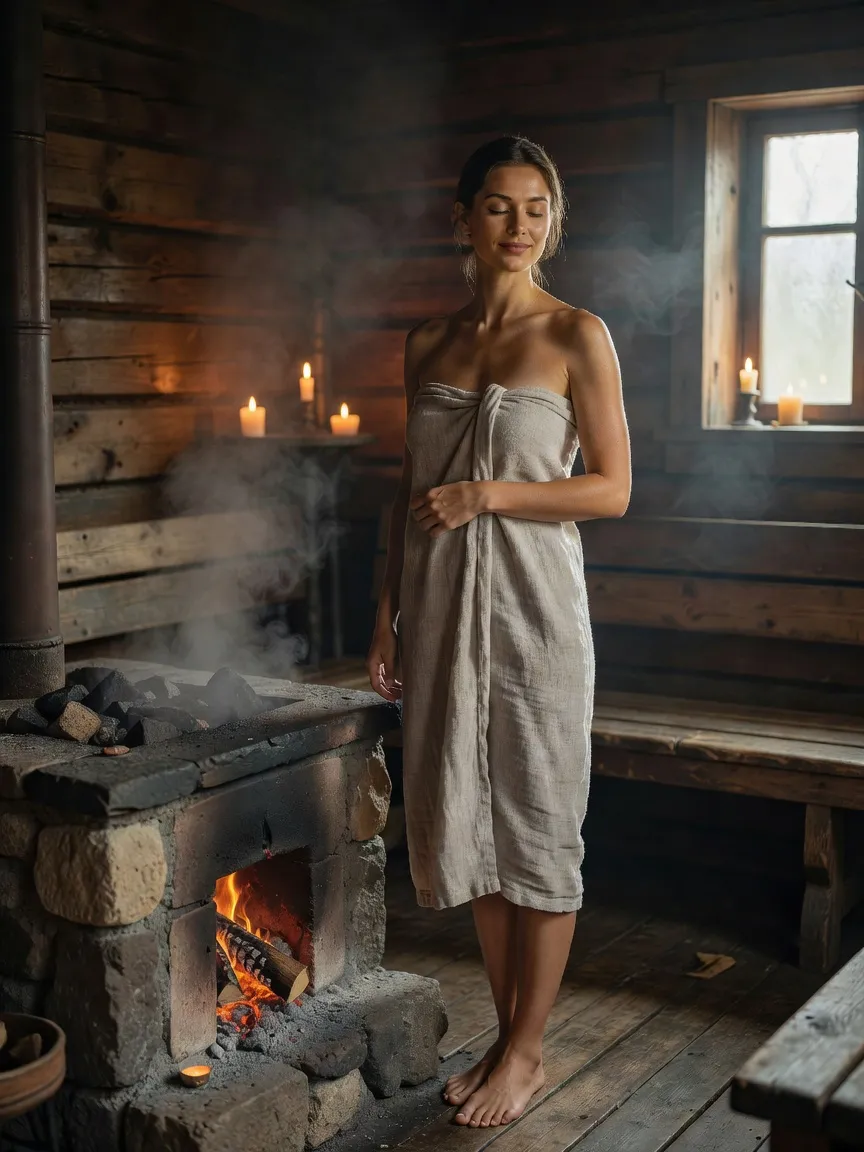 Jeune femme russe enveloppée dans un drap de lin, debout près d'un poêle traditionnel de banya en pierre avec bougies et vapeur