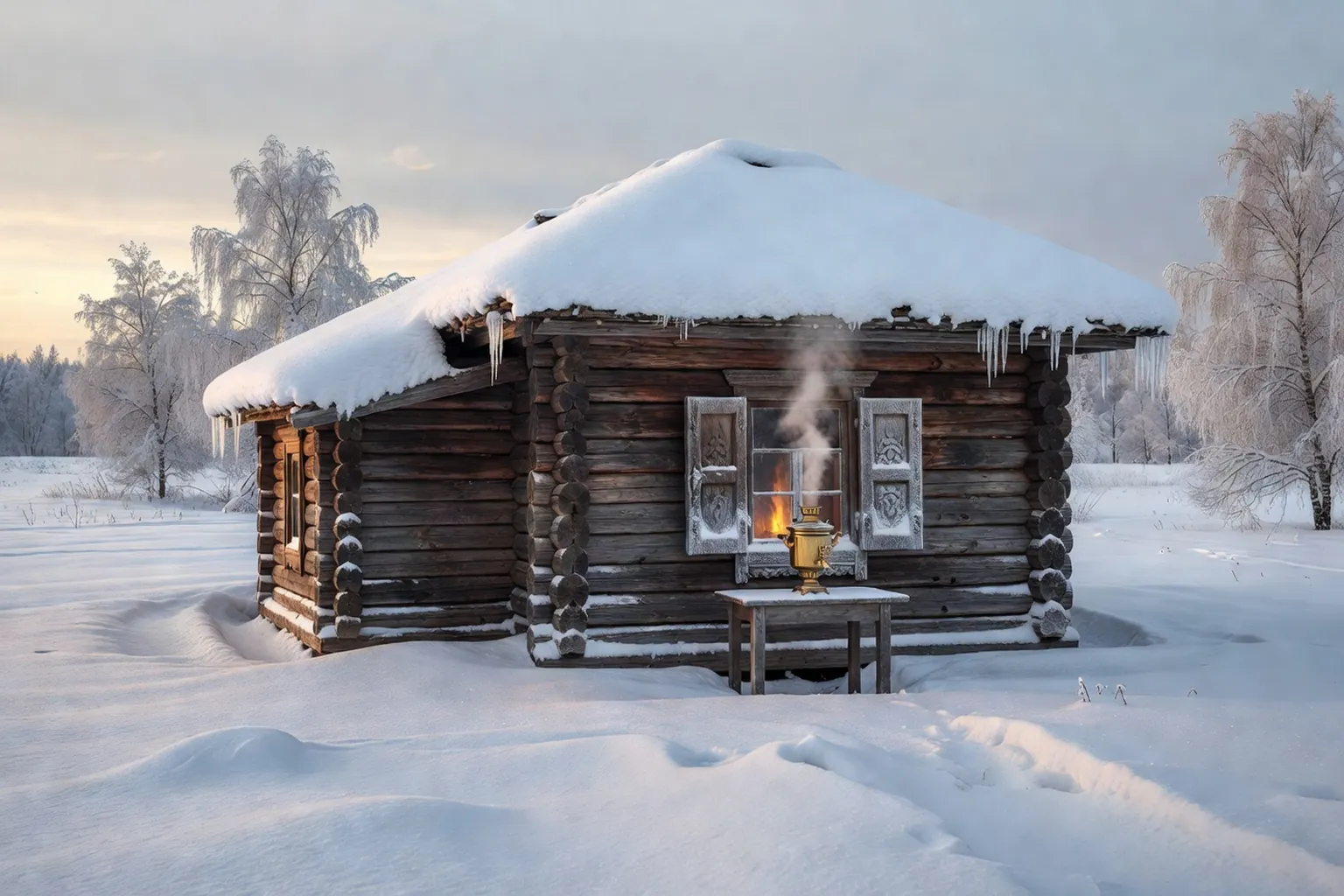 Isba russe rurale du XIXᵉ siècle avec banya annexe en rondins et paysage hivernal enneigé