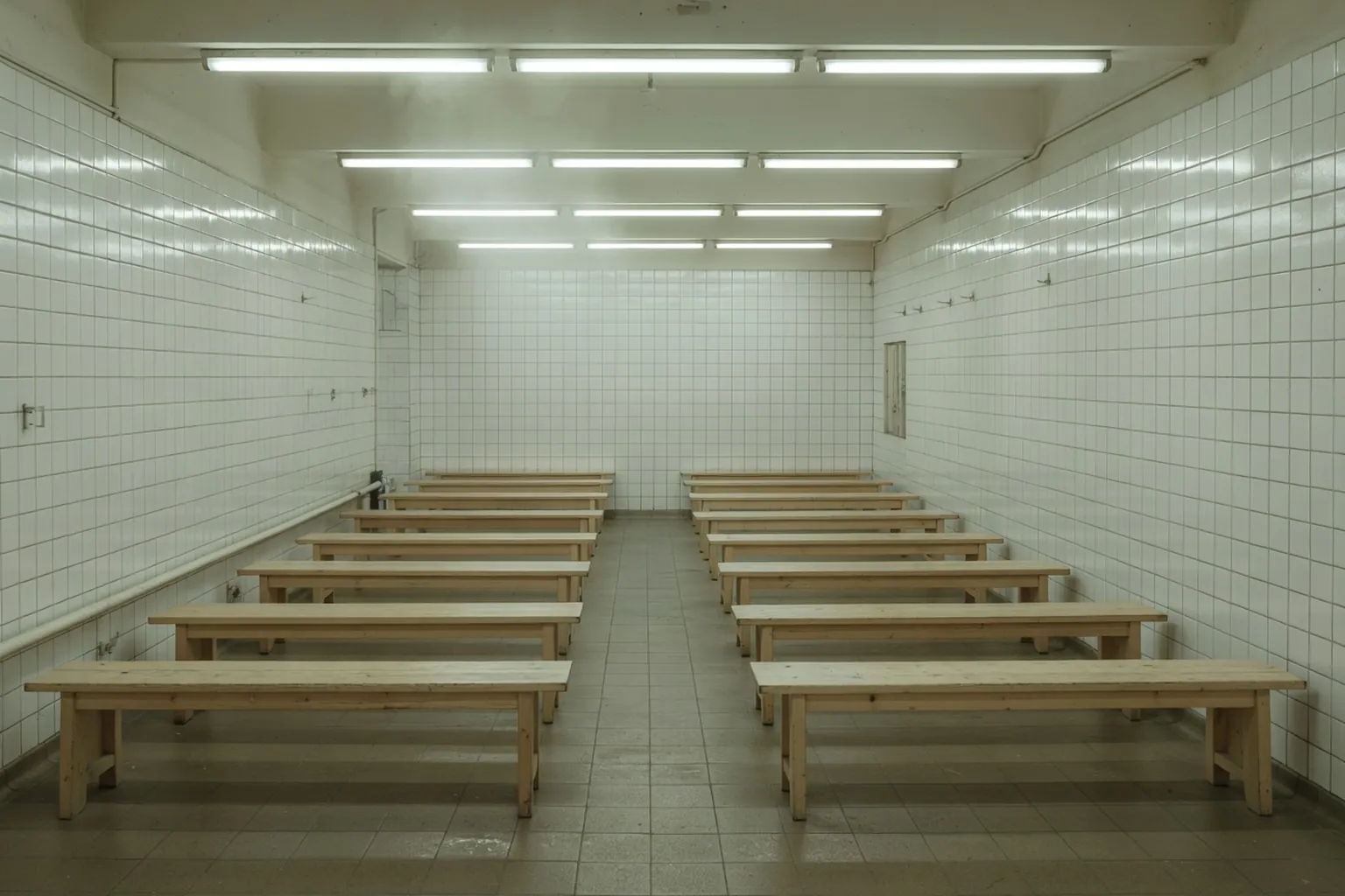 Intérieur de bains publics soviétiques des années 1960 avec carrelage blanc et bancs alignés