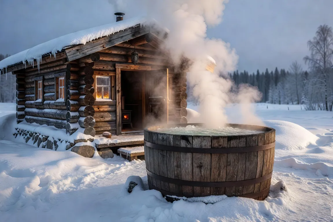 Kupel (bassin de plongeon froid) en bois circulaire dans une cour enneigée, givre sur les bords, sapins en fond