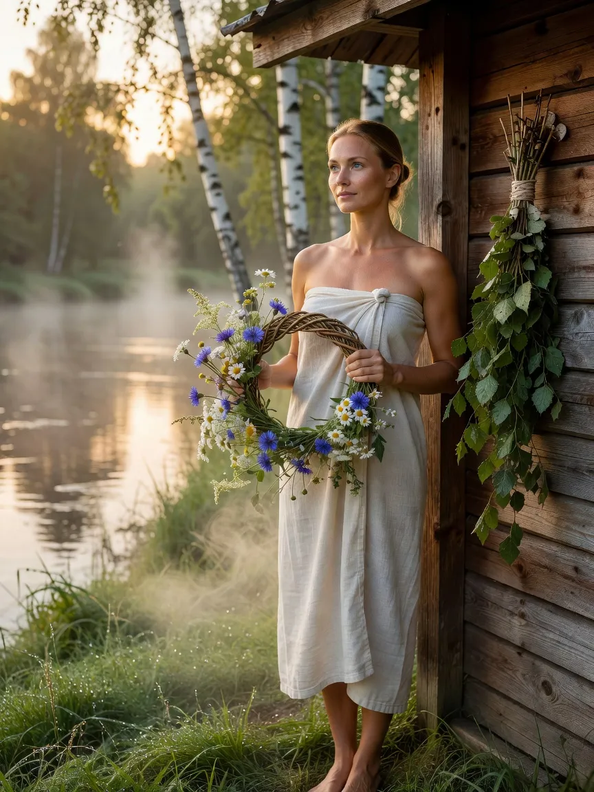 Femme russe enveloppée d'un drap de lin tenant une couronne de fleurs sauvages devant une banya en bouleau, rivière embrumée à l'aube du solstice