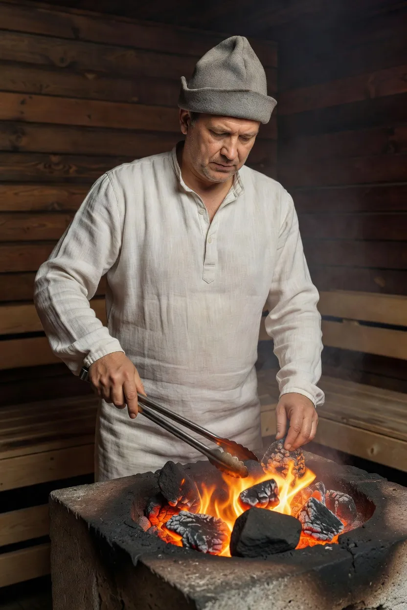 Banshchik russe en chemise de lin entretenant les pierres incandescentes d'une kamenka avec des pinces, vapeur montant dans le parilka