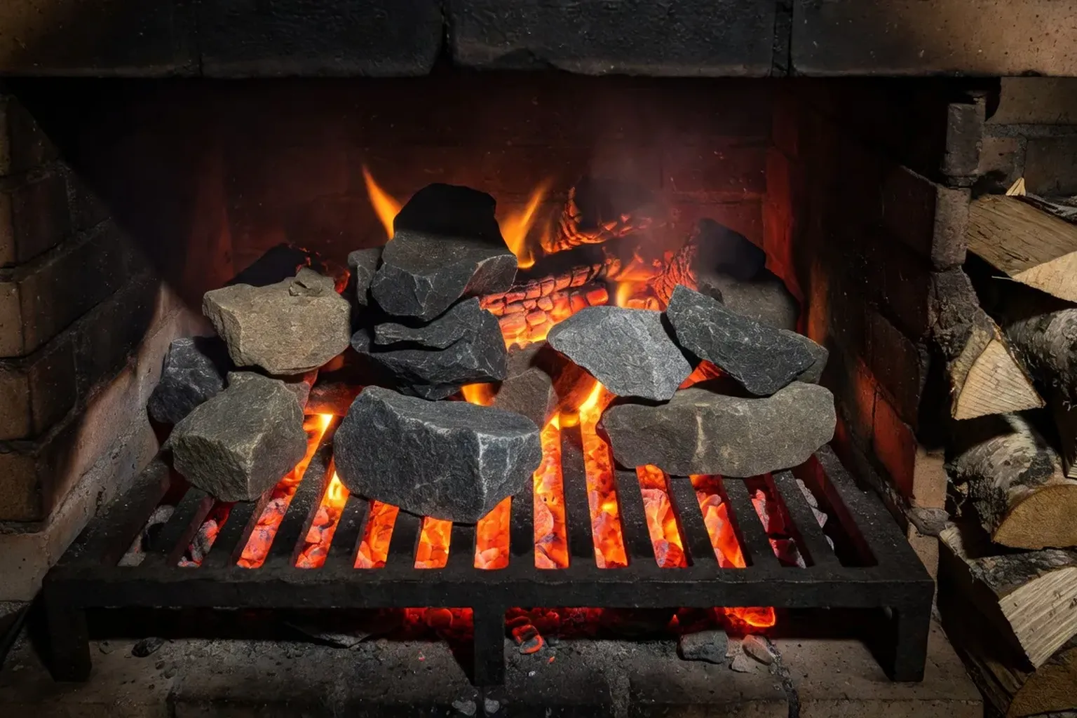 Vue plongeante sur l'intérieur d'une kamenka artisanale, pierres empilées sur grille métallique, braises incandescentes visibles