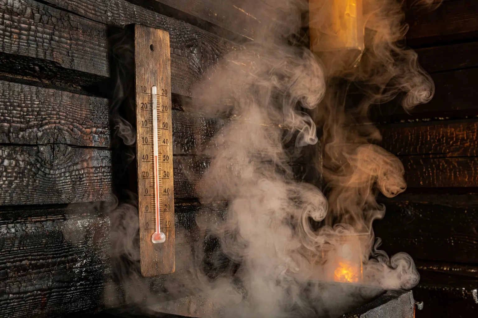 Thermomètre en bois dans une banya, cadran en gros plan indiquant 75°C, vapeur diffuse, fond bois brûlé patiné