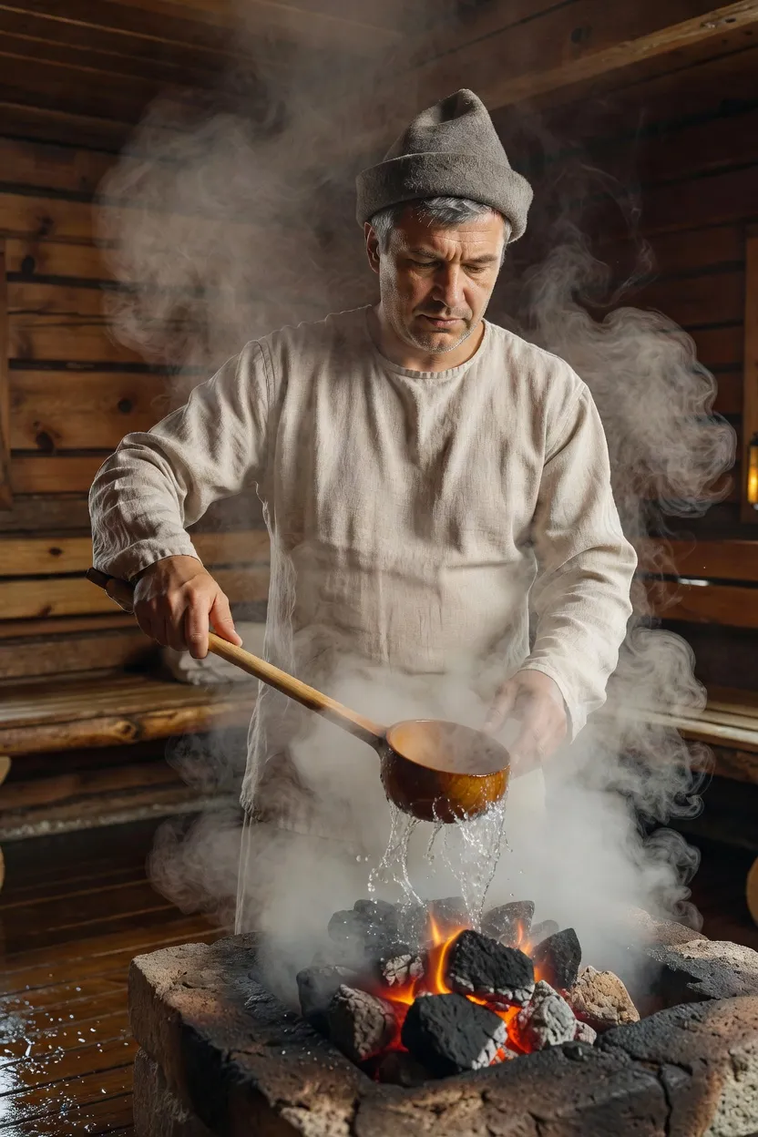 Banshchik russe en chemise de lin, coiffé d'un bonnet de feutre traditionnel, versant de l'eau à la louche de bois sur les pierres incandescentes de la kamenka, vapeur dense s'élevant dans la parilka