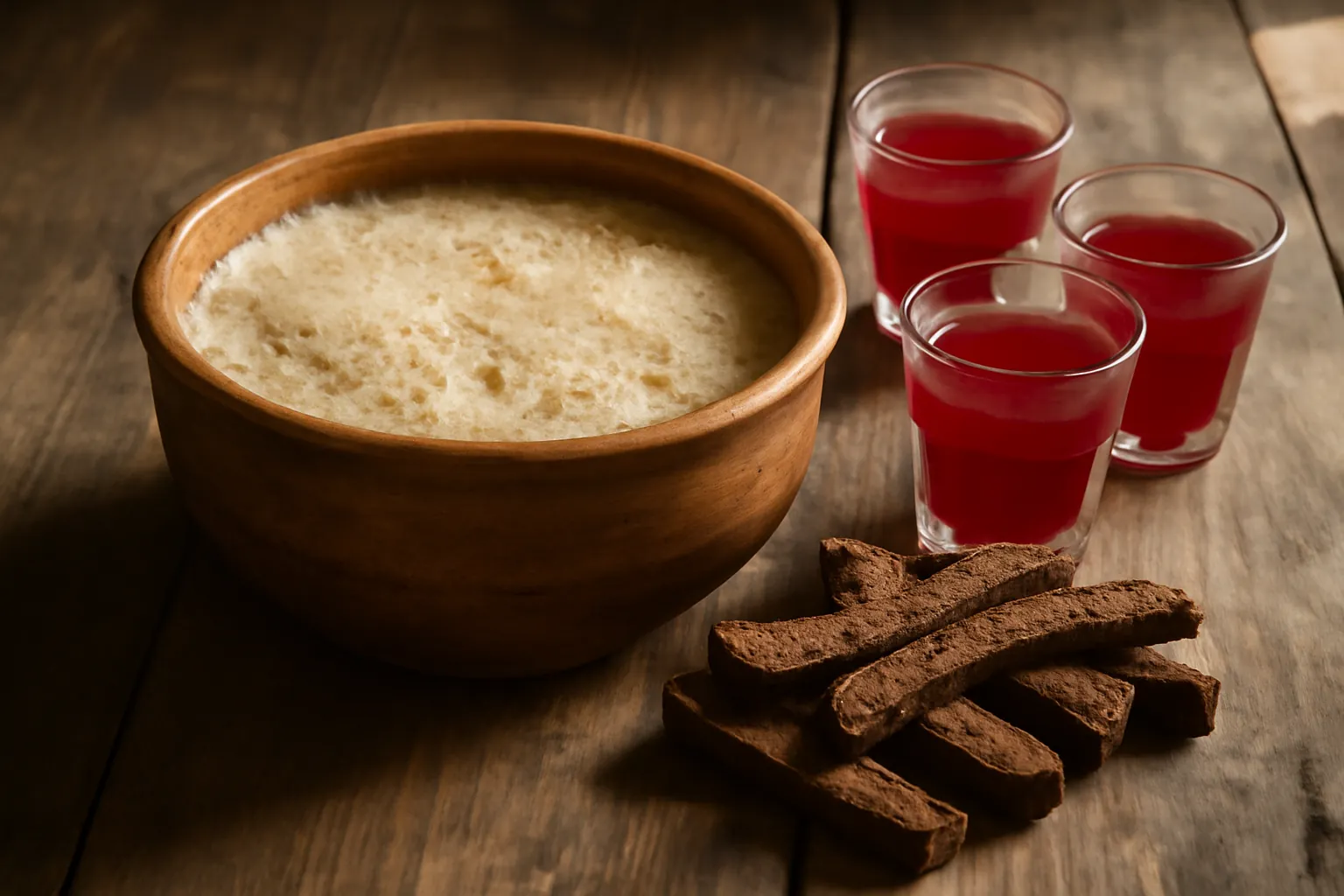 Verres de kvas brun pétillant et carafe de mors aux baies rouges sur une table de bois clair, à côté d'un panier de pain de seigle