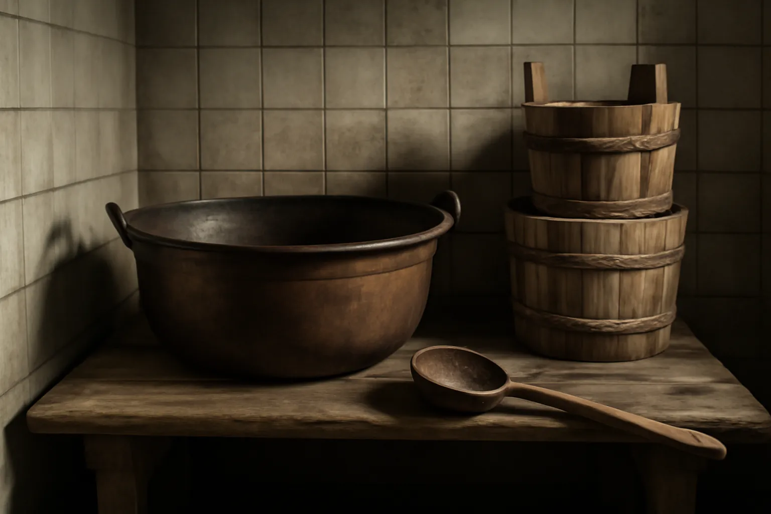 Salle de lavage moïechka avec bassine en cuivre ancienne sur banc en bois