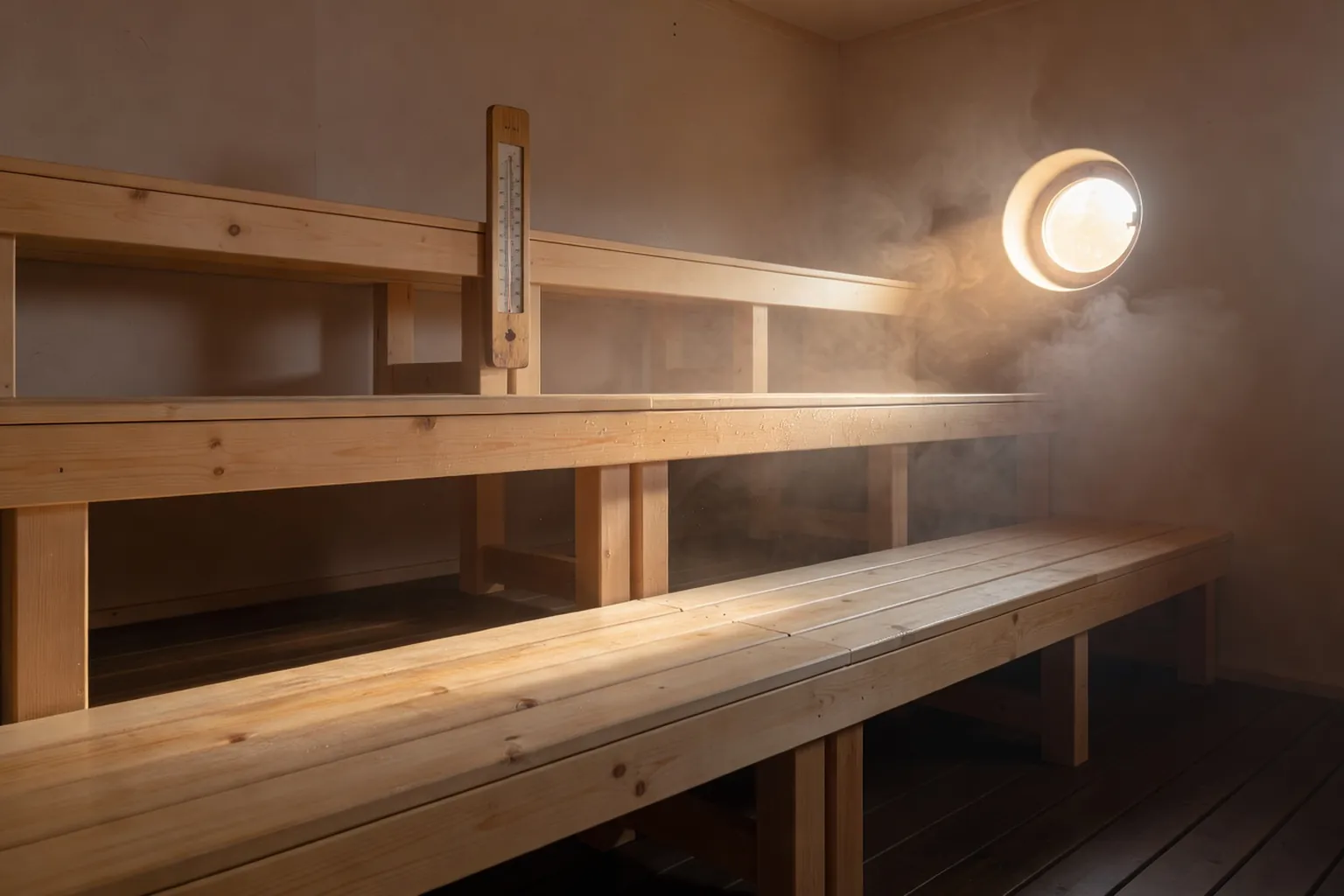 Salle de sudation parilka avec gradins en bois clair à trois niveaux et petite fenêtre ronde