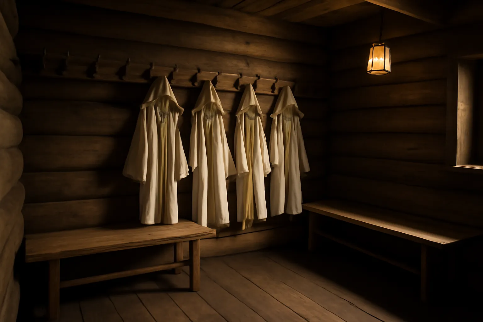 Vestiaire predbannik de banya traditionnelle avec bancs et peignoirs suspendus