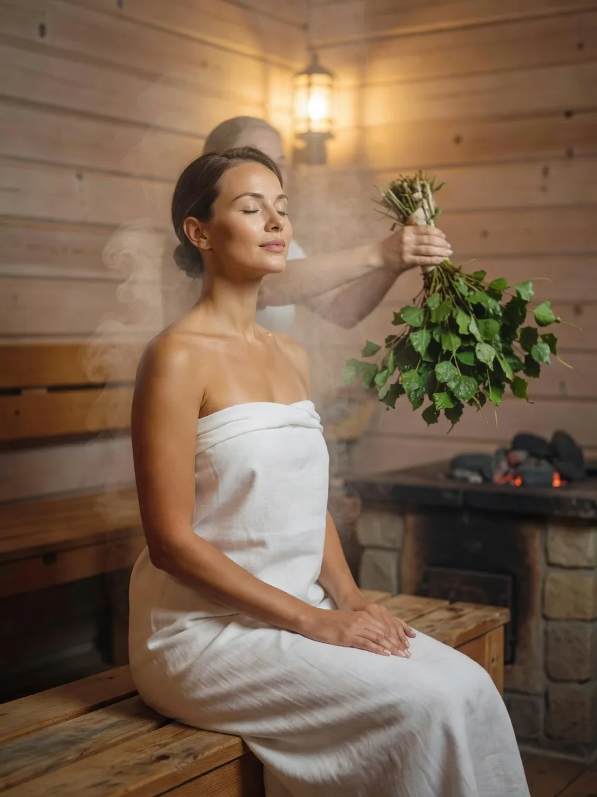 Femme les yeux fermés lors du rituel du veniki en parilka, bouquet de bouleau agité par un banchik près de la kamenka