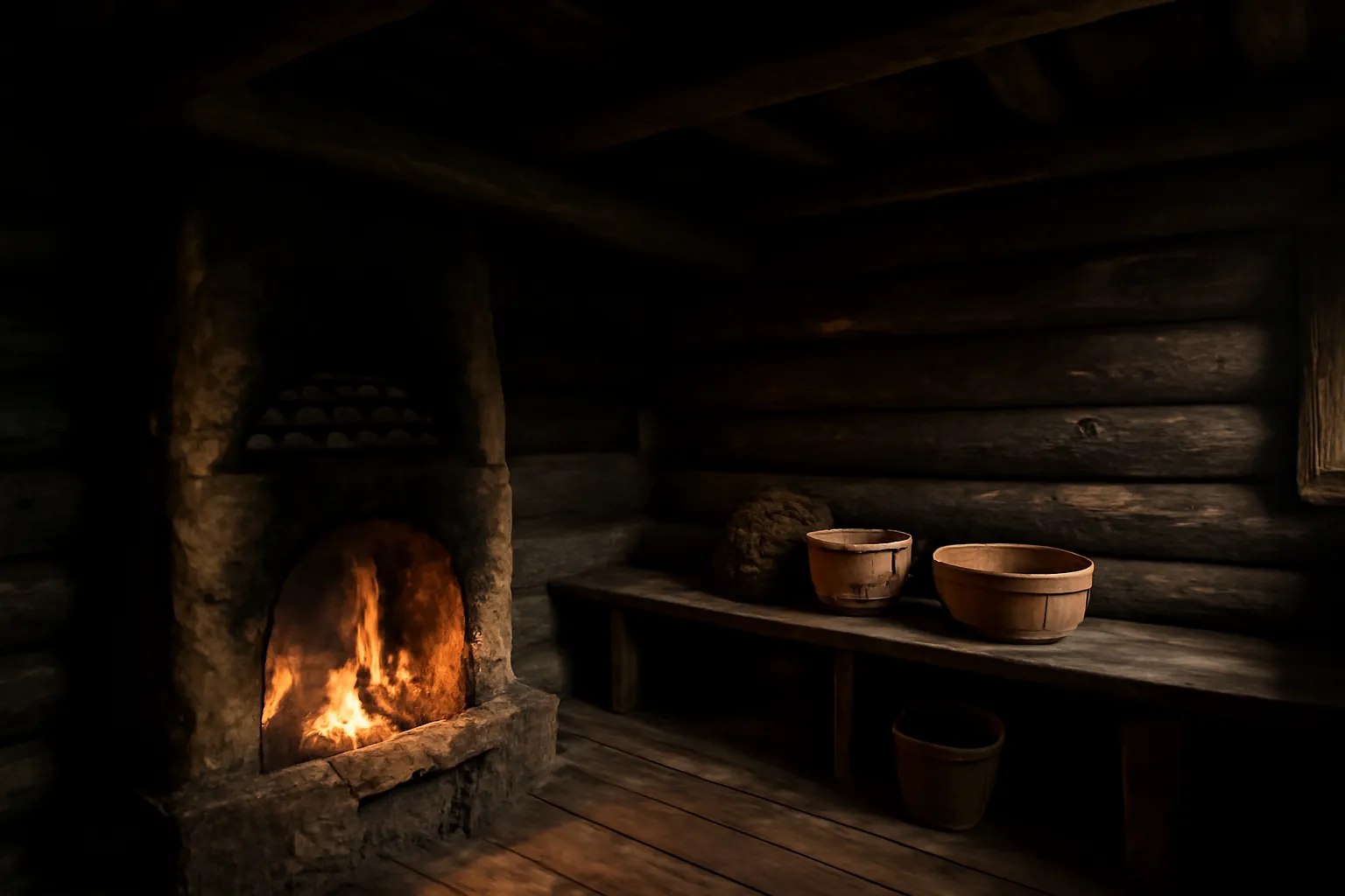 Intérieur de banya noire traditionnelle avec murs noircis par la fumée et foyer en pierres ouvert