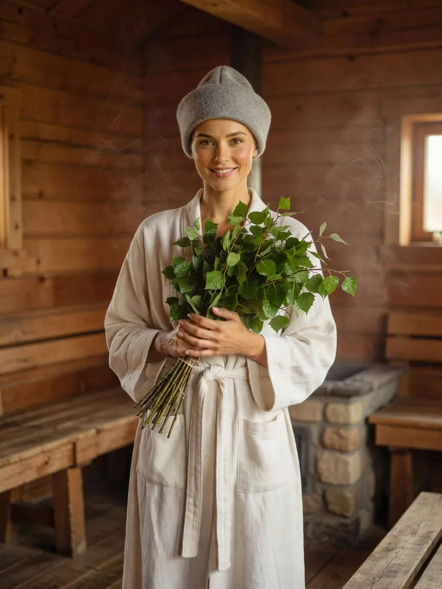 Femme russe en peignoir de lin et bonnet de feutre tenant un bouquet de veniki de bouleau dans une banya familiale de datcha