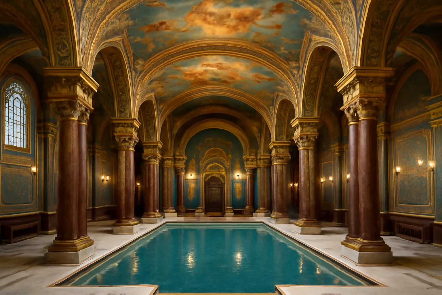 Grand hall des bains publics Sanduny de Moscou avec plafond voûté peint et colonnes ornées
