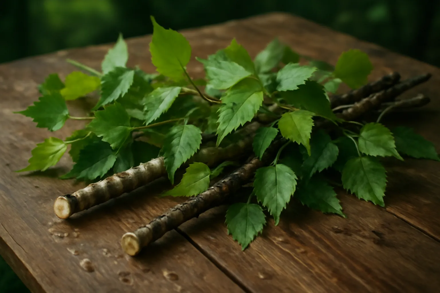 Veniki de bouleau et de chêne posés côte à côte sur un banc de banya en bois clair, gros plan sur la texture des feuilles, lumière chaude