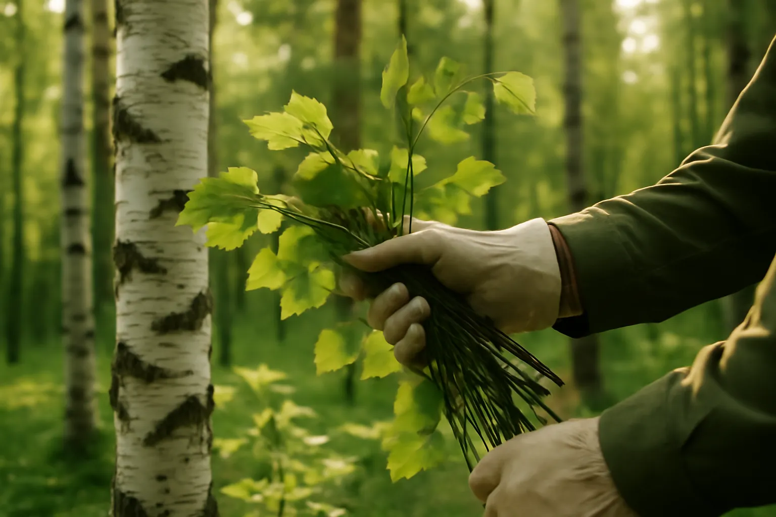 Main gantée cueillant branches de bouleau dans une forêt russe en juin