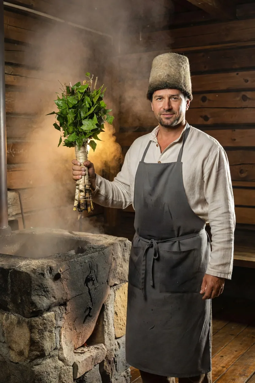 Banchik russe en tenue de travail soulevant un veniki de bouleau devant le poêle en pierre d'une banya traditionnelle