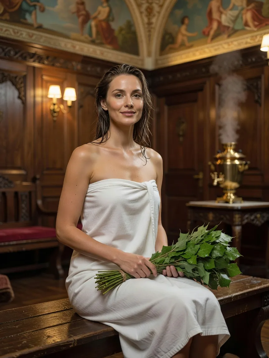 Femme russe enveloppée d'un drap de bain blanc, assise dans une salle de repos de banya moscovite historique, tenant un veniki de bouleau après une séance de vapeur
