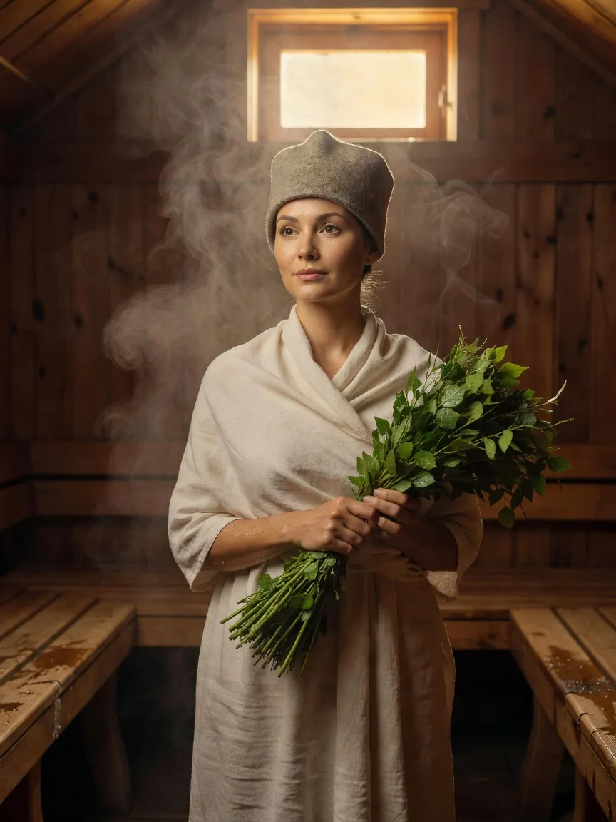 Femme russe, banshchik professionnelle, enveloppée d'un drap de lin et coiffée d'une chapka en feutre, tenant un veniki de bouleau dans une parilka en bois