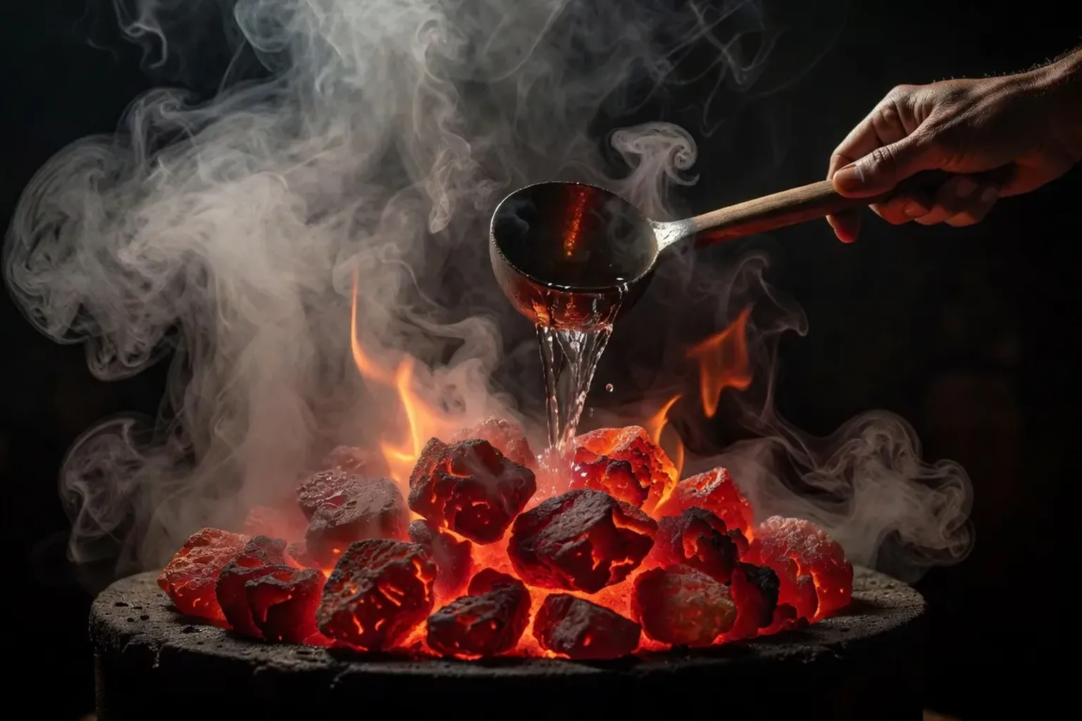 Vapeur montant de pierres kamenka rougeoyantes avec une main versant un mélange eau et huile essentielle