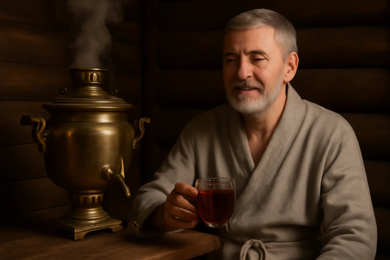 Homme russe d'âge mûr en peignoir de lin, tasse de thé à la main, assis au predbannik d'un bain russe près d'un samovar en cuivre