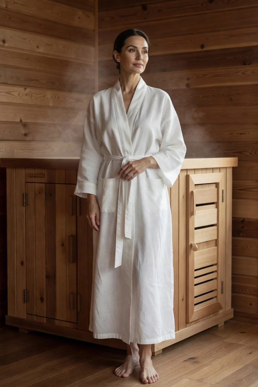 Femme russe en long peignoir de bain blanc debout près d'une cabine de sauna en bois clair d'intérieur, ambiance moderne et apaisée