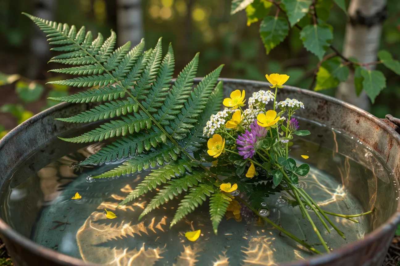 Branche de fougère et bouquet de fleurs du solstice trempés dans un seau d'eau claire, lumière filtrée à travers des feuilles de bouleau