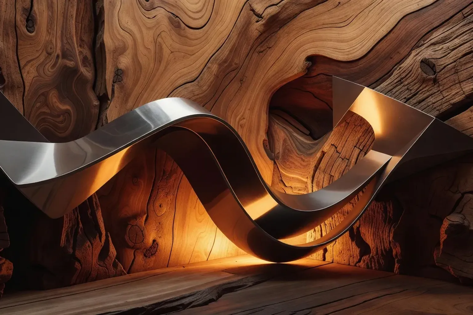 Illustration éditoriale abstraite : courbe stylisée du cortisol sur fond de texture bois banya