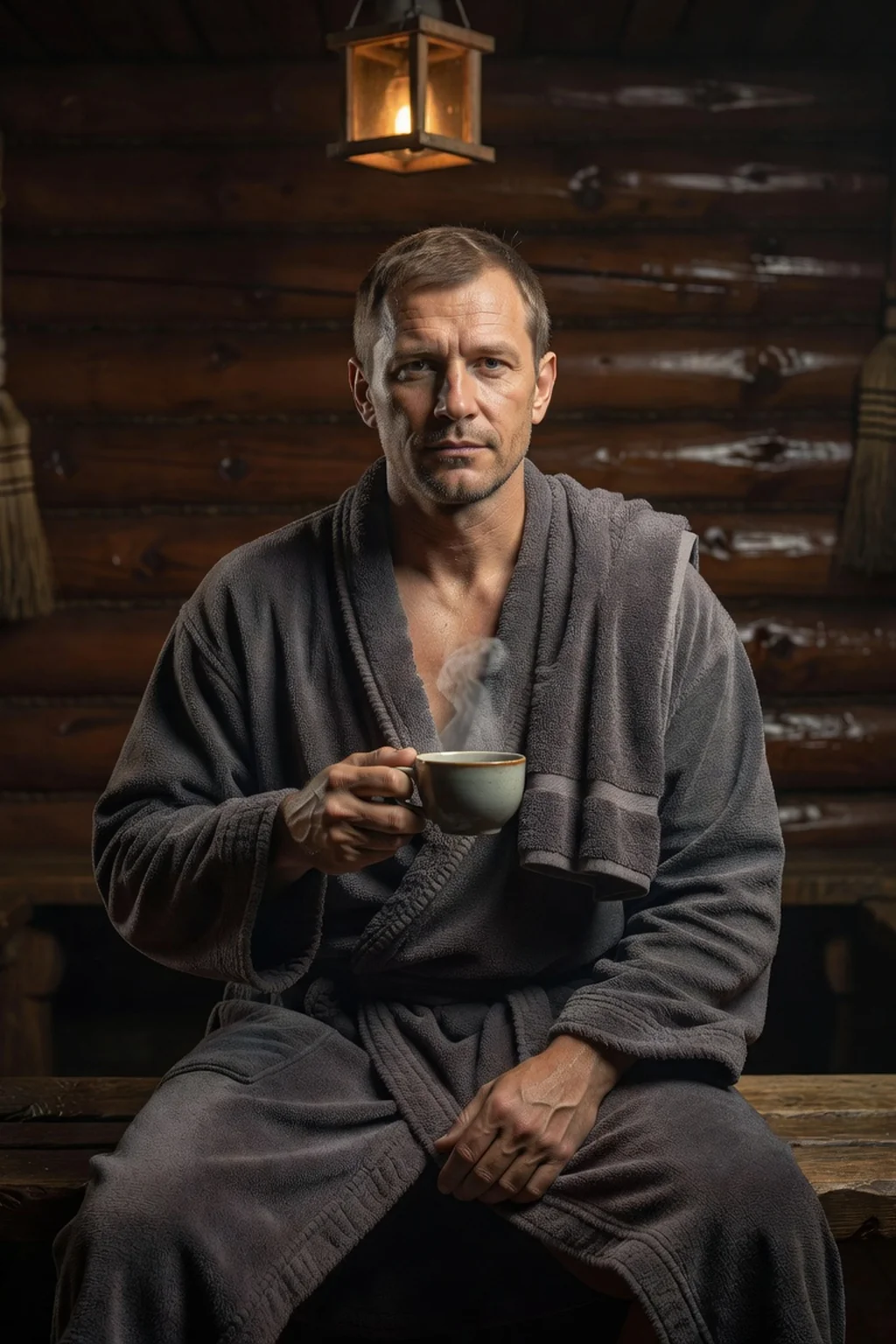 Homme russe d'âge mûr en peignoir de bain gris, tasse de thé fumante à la main, assis au calme dans le bois chaud d'un bain russe le soir