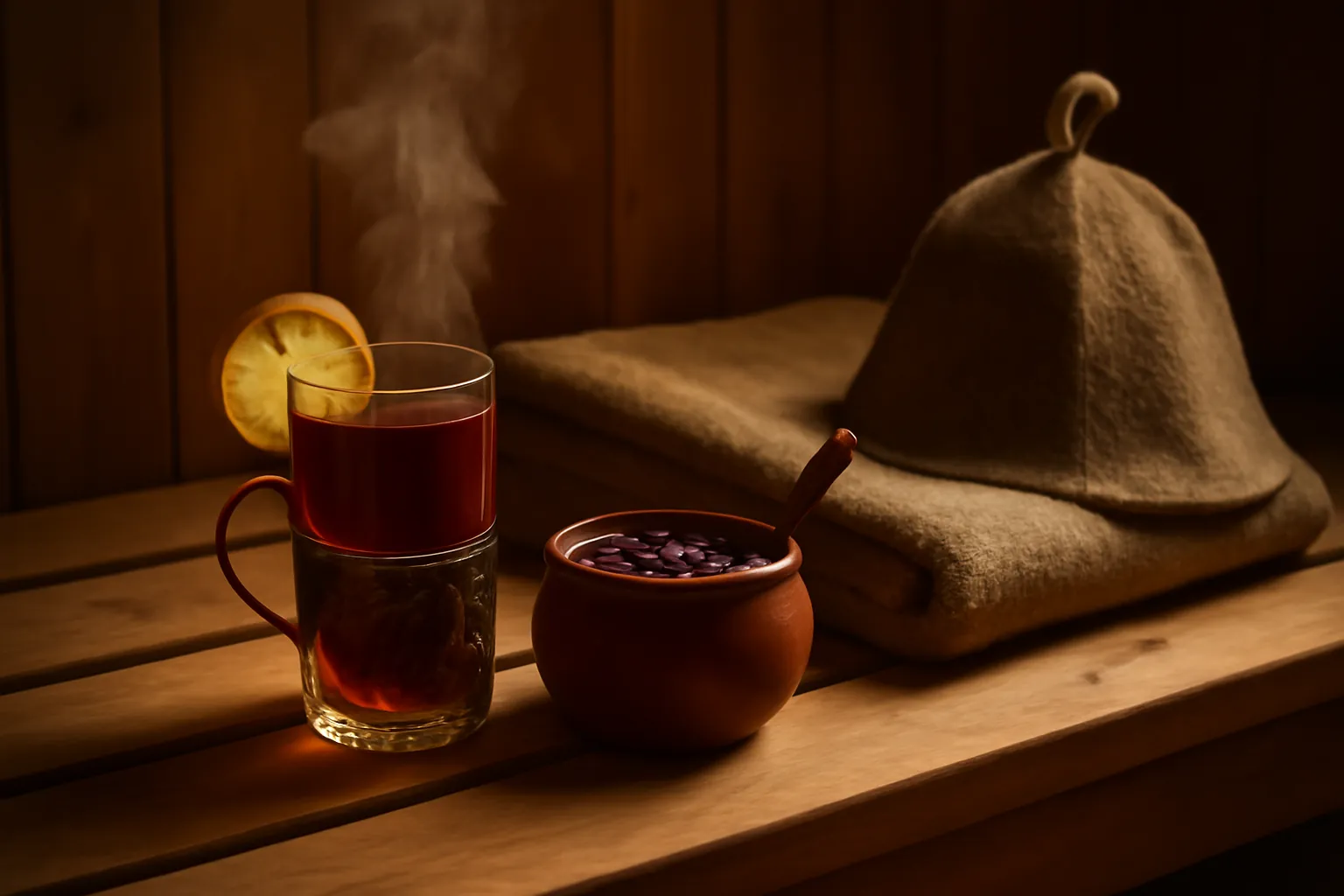 Predbannik d'une banya russe avec table en bois, samovar, verres à thé et serviettes pliées, ambiance feutrée de pause