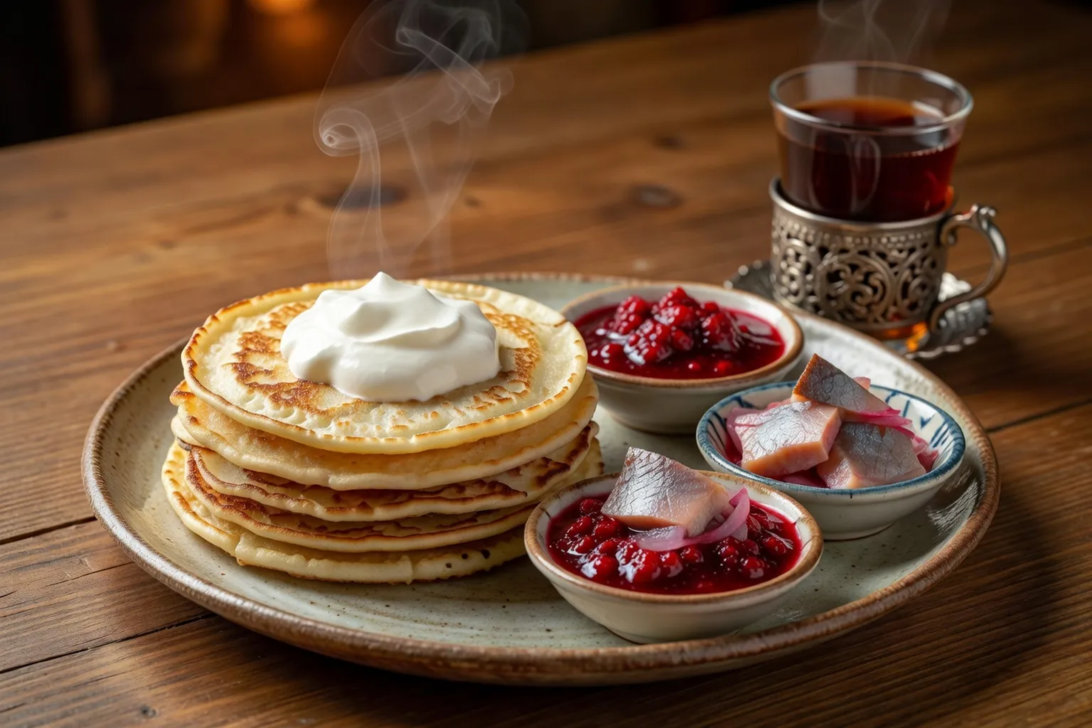 Plateau en bois avec pirojki dorés, ramequin de smetana, blinis pliés et pot de confiture de myrtilles, dans la lumière chaude d'une isba